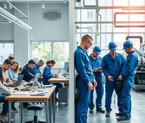 A photorealistic 16:9 image showing a modern German vocational school classroom on the left side, with young students of diverse backgrounds working on technical equipment or laptops. On the right side, a clean, bright industrial workshop setting with apprentices in blue workwear collaborating with a skilled mentor near machinery. Natural daylight streams through large windows. The scene conveys professionalism, learning, and opportunity. No text, no visible faces.