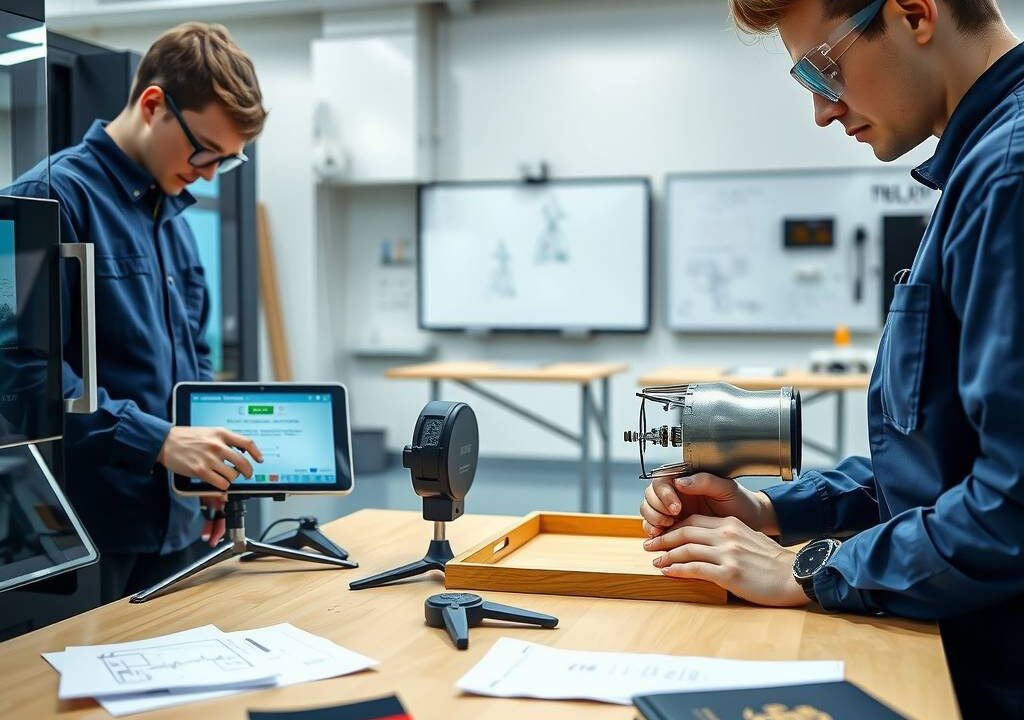 A photorealistic 16:9 image showing a modern German training workshop. On the left side, a young apprentice in blue workwear is operating a digital tablet connected to an advanced CNC machine, while on the right side, another apprentice wearing protective goggles works on a green energy component, such as a solar panel or a wind turbine part. In the background, a blurred view of a clean, well-lit Berufsschule classroom with interactive whiteboards and technical diagrams. The scene combines industrial precision and sustainable technology, with subtle elements like a German flag pin on a workbench and a stack of official documents near a passport. No text or visible faces.