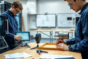 A photorealistic 16:9 image showing a modern German training workshop. On the left side, a young apprentice in blue workwear is operating a digital tablet connected to an advanced CNC machine, while on the right side, another apprentice wearing protective goggles works on a green energy component, such as a solar panel or a wind turbine part. In the background, a blurred view of a clean, well-lit Berufsschule classroom with interactive whiteboards and technical diagrams. The scene combines industrial precision and sustainable technology, with subtle elements like a German flag pin on a workbench and a stack of official documents near a passport. No text or visible faces.
