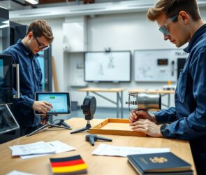 A photorealistic 16:9 image showing a modern German training workshop. On the left side, a young apprentice in blue workwear is operating a digital tablet connected to an advanced CNC machine, while on the right side, another apprentice wearing protective goggles works on a green energy component, such as a solar panel or a wind turbine part. In the background, a blurred view of a clean, well-lit Berufsschule classroom with interactive whiteboards and technical diagrams. The scene combines industrial precision and sustainable technology, with subtle elements like a German flag pin on a workbench and a stack of official documents near a passport. No text or visible faces.