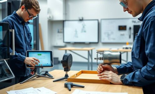 A photorealistic 16:9 image showing a modern German training workshop. On the left side, a young apprentice in blue workwear is operating a digital tablet connected to an advanced CNC machine, while on the right side, another apprentice wearing protective goggles works on a green energy component, such as a solar panel or a wind turbine part. In the background, a blurred view of a clean, well-lit Berufsschule classroom with interactive whiteboards and technical diagrams. The scene combines industrial precision and sustainable technology, with subtle elements like a German flag pin on a workbench and a stack of official documents near a passport. No text or visible faces.
