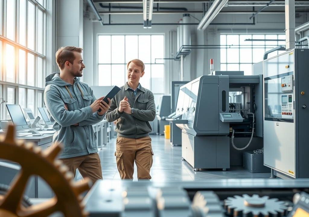 A photorealistic wide shot of a young person in work clothes standing confidently in a modern German workshop, holding a tablet while observing an experienced colleague operating an industrial machine. Soft daylight streams through large factory windows, illuminating polished workbenches, organized tools, and technical screens. The atmosphere is professional, focused, and collaborative, with a clean, high-tech environment. Foreground includes blurred elements of gears and circuit boards. 16:9 aspect ratio, no text, no visible faces.