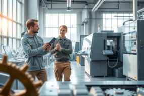 A photorealistic wide shot of a young person in work clothes standing confidently in a modern German workshop, holding a tablet while observing an experienced colleague operating an industrial machine. Soft daylight streams through large factory windows, illuminating polished workbenches, organized tools, and technical screens. The atmosphere is professional, focused, and collaborative, with a clean, high-tech environment. Foreground includes blurred elements of gears and circuit boards. 16:9 aspect ratio, no text, no visible faces.