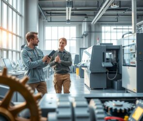 A photorealistic wide shot of a young person in work clothes standing confidently in a modern German workshop, holding a tablet while observing an experienced colleague operating an industrial machine. Soft daylight streams through large factory windows, illuminating polished workbenches, organized tools, and technical screens. The atmosphere is professional, focused, and collaborative, with a clean, high-tech environment. Foreground includes blurred elements of gears and circuit boards. 16:9 aspect ratio, no text, no visible faces.
