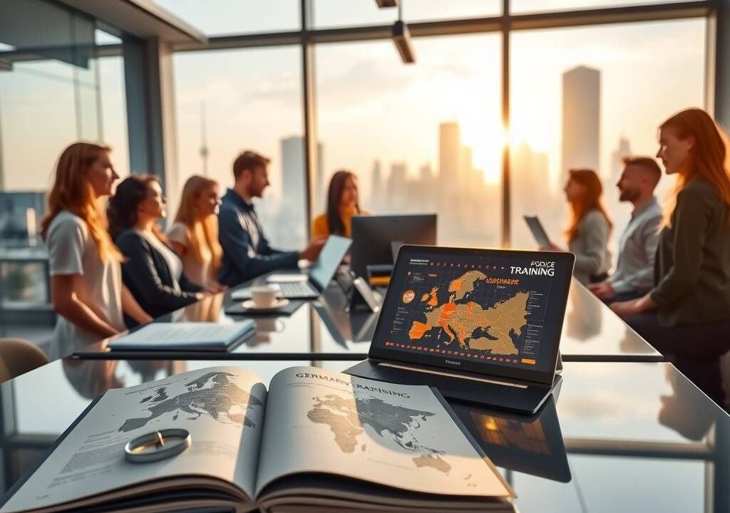A photorealistic 16:9 image capturing a modern, dynamic German workplace in 2026. In the foreground, an open vocational training guidebook lies on a sleek desk next to a laptop displaying a digital map of Germany with highlighted cities. A diverse group of professionals, including young graduates and international specialists, collaborates around a glass meeting table in a sunlit office with floor-to-ceiling windows overlooking a city skyline. The scene conveys opportunity, growth, and international recognition, with subtle elements like a certificate, a compass, and a glowing career pathway graph on a screen. No text, no faces visible.