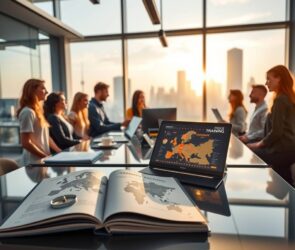 A photorealistic 16:9 image capturing a modern, dynamic German workplace in 2026. In the foreground, an open vocational training guidebook lies on a sleek desk next to a laptop displaying a digital map of Germany with highlighted cities. A diverse group of professionals, including young graduates and international specialists, collaborates around a glass meeting table in a sunlit office with floor-to-ceiling windows overlooking a city skyline. The scene conveys opportunity, growth, and international recognition, with subtle elements like a certificate, a compass, and a glowing career pathway graph on a screen. No text, no faces visible.