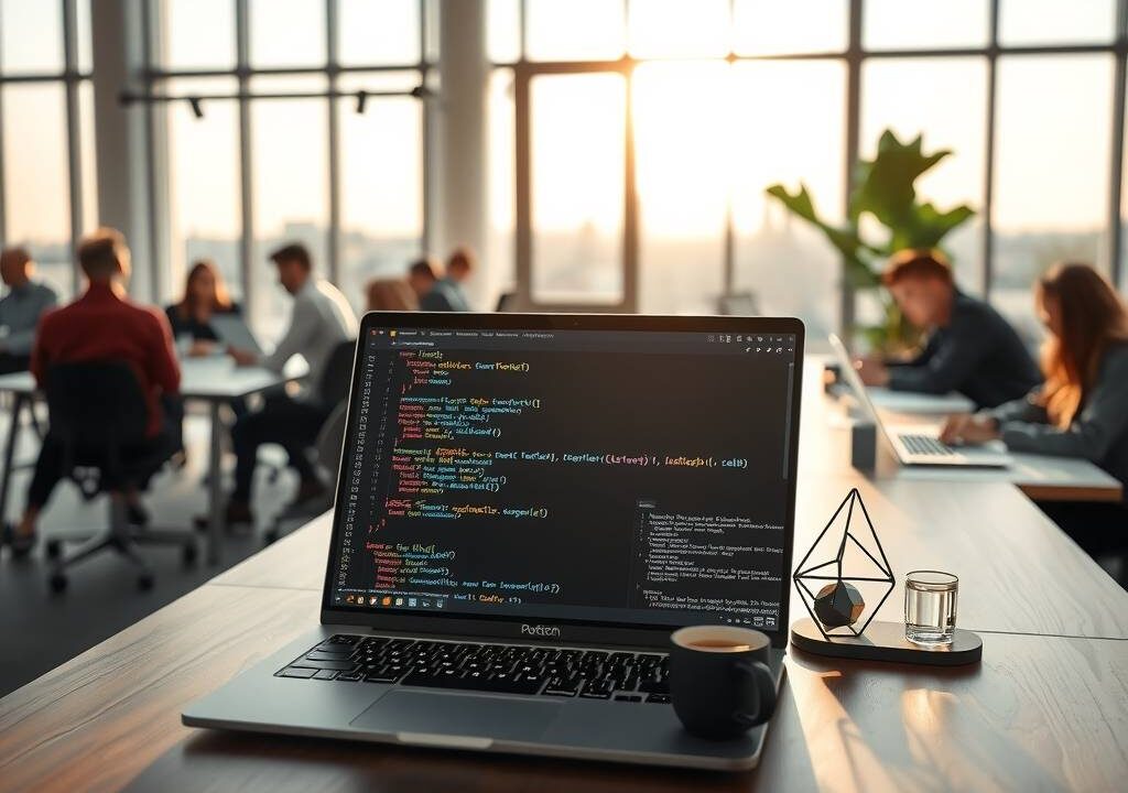 A photorealistic, wide-angle shot of a modern, minimalist co-working space in Berlin or Munich, circa 2026. The scene is bathed in soft, natural daylight streaming through large floor-to-ceiling windows. A sleek, dark wooden desk in the foreground holds a high-end laptop displaying glowing lines of Python, Java, and JavaScript code on a dark IDE screen. Beside the laptop, a steaming cup of coffee and a small, abstract geometric sculpture add a professional touch. The background is slightly blurred, showing a diverse group of focused professionals working at other desks, with a subtle view of a city skyline through the windows. The atmosphere is bright, aspirational, and high-tech, emphasizing growth and opportunity. No text, no faces.