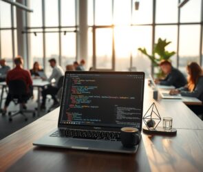 A photorealistic, wide-angle shot of a modern, minimalist co-working space in Berlin or Munich, circa 2026. The scene is bathed in soft, natural daylight streaming through large floor-to-ceiling windows. A sleek, dark wooden desk in the foreground holds a high-end laptop displaying glowing lines of Python, Java, and JavaScript code on a dark IDE screen. Beside the laptop, a steaming cup of coffee and a small, abstract geometric sculpture add a professional touch. The background is slightly blurred, showing a diverse group of focused professionals working at other desks, with a subtle view of a city skyline through the windows. The atmosphere is bright, aspirational, and high-tech, emphasizing growth and opportunity. No text, no faces.