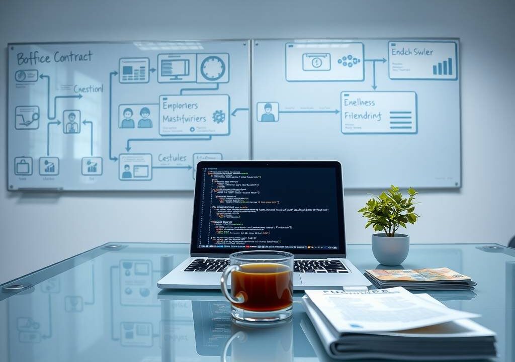 A photorealistic wide shot of a modern German office space, sleek and minimalist. On a clean glass desk sits a laptop with code on the screen, a cup of coffee, and a small plant. A blurred background reveals a whiteboard filled with network security diagrams and flowcharts. Next to the laptop, a small stack of euro notes and a subtle employment contract. The lighting is cool and professional, emphasizing order and high-tech atmosphere.