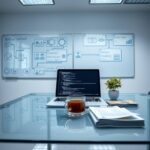 A photorealistic wide shot of a modern German office space, sleek and minimalist. On a clean glass desk sits a laptop with code on the screen, a cup of coffee, and a small plant. A blurred background reveals a whiteboard filled with network security diagrams and flowcharts. Next to the laptop, a small stack of euro notes and a subtle employment contract. The lighting is cool and professional, emphasizing order and high-tech atmosphere.