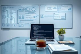 A photorealistic wide shot of a modern German office space, sleek and minimalist. On a clean glass desk sits a laptop with code on the screen, a cup of coffee, and a small plant. A blurred background reveals a whiteboard filled with network security diagrams and flowcharts. Next to the laptop, a small stack of euro notes and a subtle employment contract. The lighting is cool and professional, emphasizing order and high-tech atmosphere.