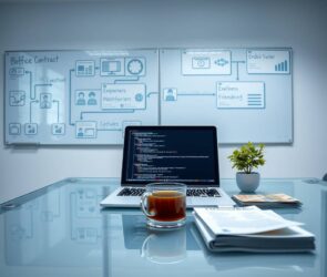 A photorealistic wide shot of a modern German office space, sleek and minimalist. On a clean glass desk sits a laptop with code on the screen, a cup of coffee, and a small plant. A blurred background reveals a whiteboard filled with network security diagrams and flowcharts. Next to the laptop, a small stack of euro notes and a subtle employment contract. The lighting is cool and professional, emphasizing order and high-tech atmosphere.