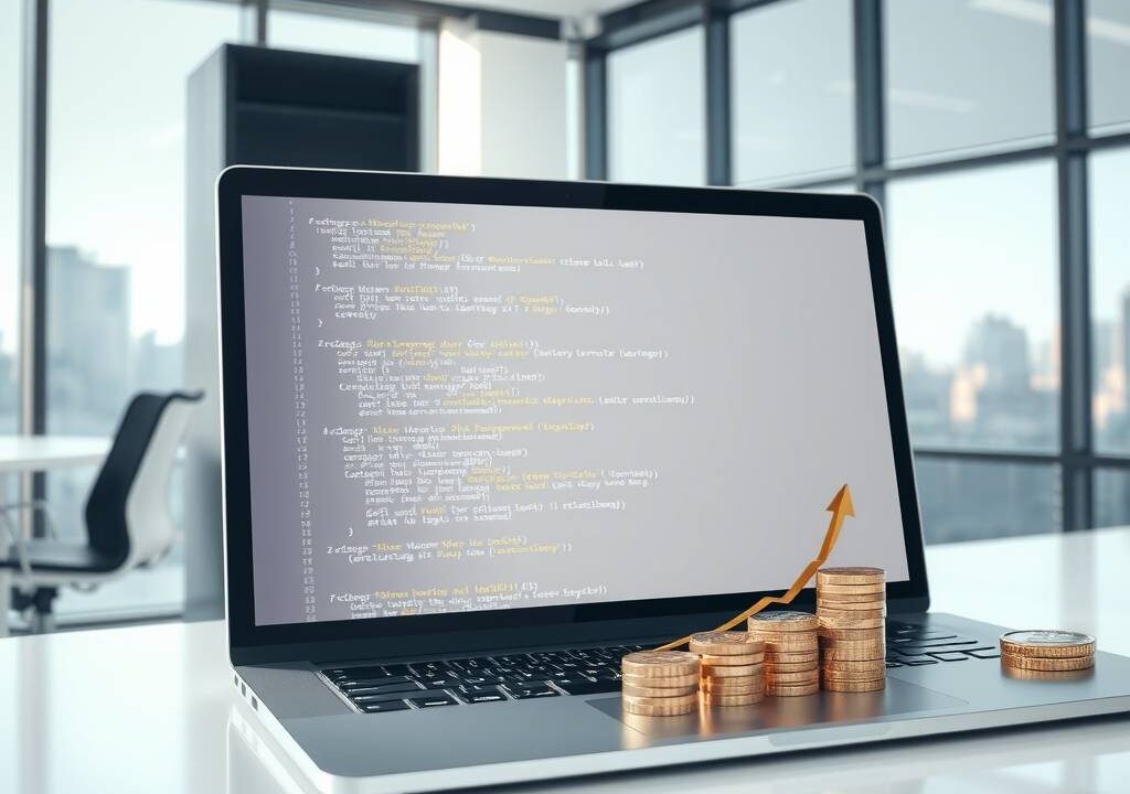 A photorealistic 16:9 image depicting a modern, high-tech German office environment. In the foreground, a sleek laptop screen displays lines of clean, abstract code in multiple programming languages, with subtle glowing effects. Around the monitor, subtle visual cues represent career growth: a stylized upward graph made of binary code, a small stack of Euro coins next to a keyboard, and a futuristic cloud icon hovering above a server rack in the background. The setting is bright, minimalist, and professional, with soft natural light streaming through large windows overlooking a city skyline. No text, no faces, no people.