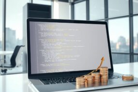 A photorealistic 16:9 image depicting a modern, high-tech German office environment. In the foreground, a sleek laptop screen displays lines of clean, abstract code in multiple programming languages, with subtle glowing effects. Around the monitor, subtle visual cues represent career growth: a stylized upward graph made of binary code, a small stack of Euro coins next to a keyboard, and a futuristic cloud icon hovering above a server rack in the background. The setting is bright, minimalist, and professional, with soft natural light streaming through large windows overlooking a city skyline. No text, no faces, no people.