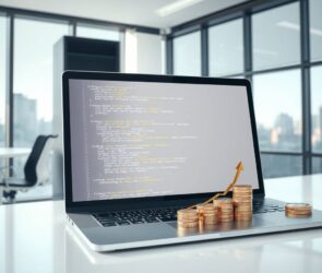 A photorealistic 16:9 image depicting a modern, high-tech German office environment. In the foreground, a sleek laptop screen displays lines of clean, abstract code in multiple programming languages, with subtle glowing effects. Around the monitor, subtle visual cues represent career growth: a stylized upward graph made of binary code, a small stack of Euro coins next to a keyboard, and a futuristic cloud icon hovering above a server rack in the background. The setting is bright, minimalist, and professional, with soft natural light streaming through large windows overlooking a city skyline. No text, no faces, no people.