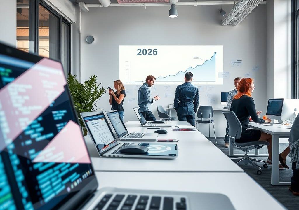 A photorealistic 16:9 image showing a modern, sunlit open-plan tech office in Germany. In the foreground, a blurred laptop screen displays abstract code and cloud network diagrams. In the background, diverse professionals are seen collaborating near a whiteboard with flowcharts and a projected graph showing an upward trend labeled "2026." The atmosphere is bright, professional, and high-tech, with clean desks, ergonomic chairs, and subtle digital elements suggesting cybersecurity, AI, and cloud architecture. No text, no faces visible.