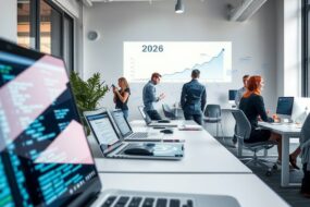 A photorealistic 16:9 image showing a modern, sunlit open-plan tech office in Germany. In the foreground, a blurred laptop screen displays abstract code and cloud network diagrams. In the background, diverse professionals are seen collaborating near a whiteboard with flowcharts and a projected graph showing an upward trend labeled "2026." The atmosphere is bright, professional, and high-tech, with clean desks, ergonomic chairs, and subtle digital elements suggesting cybersecurity, AI, and cloud architecture. No text, no faces visible.