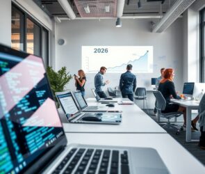 A photorealistic 16:9 image showing a modern, sunlit open-plan tech office in Germany. In the foreground, a blurred laptop screen displays abstract code and cloud network diagrams. In the background, diverse professionals are seen collaborating near a whiteboard with flowcharts and a projected graph showing an upward trend labeled "2026." The atmosphere is bright, professional, and high-tech, with clean desks, ergonomic chairs, and subtle digital elements suggesting cybersecurity, AI, and cloud architecture. No text, no faces visible.