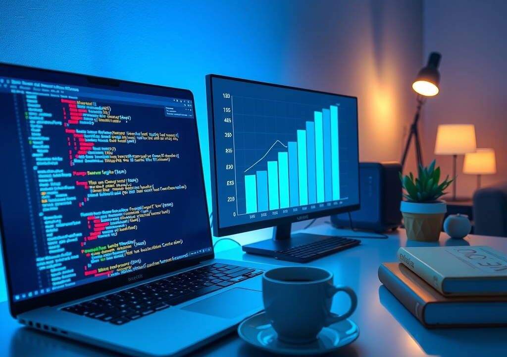 A photorealistic wide shot in 16:9 format of a sleek, modern tech workspace. In the foreground, an open laptop displays an abstract glowing code interface with multicolored syntax highlighting in Python, Java, and JavaScript. To the side, a transparent glass screen shows a minimalist bar chart with rising salary figures in Euros. On the desk, a coffee cup and a small plant are placed near a stack of reference books with subtle programming language logos on their spines. Soft, cool blue lighting from the monitors contrasts with warm ambient desk lamps, creating a professional and aspirational atmosphere. No text, no faces.