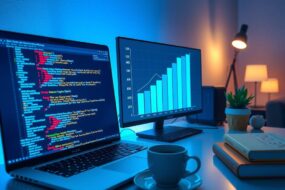 A photorealistic wide shot in 16:9 format of a sleek, modern tech workspace. In the foreground, an open laptop displays an abstract glowing code interface with multicolored syntax highlighting in Python, Java, and JavaScript. To the side, a transparent glass screen shows a minimalist bar chart with rising salary figures in Euros. On the desk, a coffee cup and a small plant are placed near a stack of reference books with subtle programming language logos on their spines. Soft, cool blue lighting from the monitors contrasts with warm ambient desk lamps, creating a professional and aspirational atmosphere. No text, no faces.