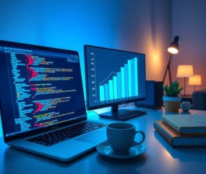 A photorealistic wide shot in 16:9 format of a sleek, modern tech workspace. In the foreground, an open laptop displays an abstract glowing code interface with multicolored syntax highlighting in Python, Java, and JavaScript. To the side, a transparent glass screen shows a minimalist bar chart with rising salary figures in Euros. On the desk, a coffee cup and a small plant are placed near a stack of reference books with subtle programming language logos on their spines. Soft, cool blue lighting from the monitors contrasts with warm ambient desk lamps, creating a professional and aspirational atmosphere. No text, no faces.