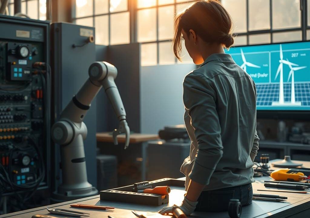 A photorealistic wide shot of a modern German workshop at golden hour. Sunlight streams through large industrial windows, illuminating a young female electrical engineer in her mid-20s, shown from behind as she works on a high-tech control panel integrated with renewable energy components. Beside her, a sleek robotic arm assists with precision wiring, while traditional hand tools rest on a clean, organized workbench. In the background, solar panels and a wind turbine diagram are visible on a digital screen, blending century-old craftsmanship with cutting-edge green technology. The atmosphere is dynamic yet focused, with subtle reflections on polished metal surfaces. 16:9 aspect ratio, ultra-detailed, cinematic lighting, no text, no visible faces.