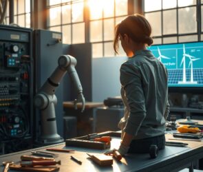 A photorealistic wide shot of a modern German workshop at golden hour. Sunlight streams through large industrial windows, illuminating a young female electrical engineer in her mid-20s, shown from behind as she works on a high-tech control panel integrated with renewable energy components. Beside her, a sleek robotic arm assists with precision wiring, while traditional hand tools rest on a clean, organized workbench. In the background, solar panels and a wind turbine diagram are visible on a digital screen, blending century-old craftsmanship with cutting-edge green technology. The atmosphere is dynamic yet focused, with subtle reflections on polished metal surfaces. 16:9 aspect ratio, ultra-detailed, cinematic lighting, no text, no visible faces.