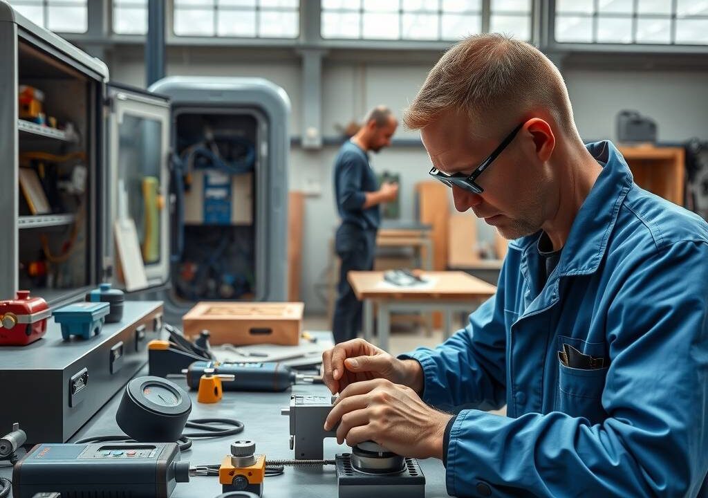 A high-end photorealistic wide shot in 16:9 format, capturing a modern German workshop or manufacturing hall. In the foreground, a mechatronics engineer in clean blue workwear is focused on assembling a precision component at a workbench, with tools and digital measuring devices neatly arranged. In the middle ground, an electrician checks wiring inside an open control cabinet, while a carpenter in the background works at a wooden bench with hand planes and chisels. The scene is lit by natural daylight streaming through large industrial windows, with subtle reflections on polished metal surfaces. The atmosphere conveys stability, innovation, and craftsmanship — no text, no visible faces, only hands and professional equipment in sharp focus.