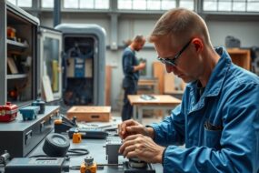 A high-end photorealistic wide shot in 16:9 format, capturing a modern German workshop or manufacturing hall. In the foreground, a mechatronics engineer in clean blue workwear is focused on assembling a precision component at a workbench, with tools and digital measuring devices neatly arranged. In the middle ground, an electrician checks wiring inside an open control cabinet, while a carpenter in the background works at a wooden bench with hand planes and chisels. The scene is lit by natural daylight streaming through large industrial windows, with subtle reflections on polished metal surfaces. The atmosphere conveys stability, innovation, and craftsmanship — no text, no visible faces, only hands and professional equipment in sharp focus.