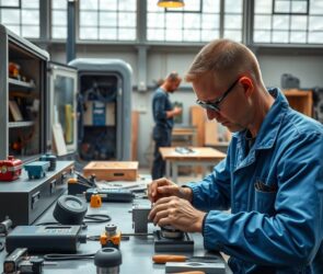 A high-end photorealistic wide shot in 16:9 format, capturing a modern German workshop or manufacturing hall. In the foreground, a mechatronics engineer in clean blue workwear is focused on assembling a precision component at a workbench, with tools and digital measuring devices neatly arranged. In the middle ground, an electrician checks wiring inside an open control cabinet, while a carpenter in the background works at a wooden bench with hand planes and chisels. The scene is lit by natural daylight streaming through large industrial windows, with subtle reflections on polished metal surfaces. The atmosphere conveys stability, innovation, and craftsmanship — no text, no visible faces, only hands and professional equipment in sharp focus.