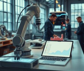 A hyperrealistic, wide-angle shot of a modern German workshop bathed in natural light from large industrial windows. The scene features a sleek, automated robotic arm working alongside a clean, organized workbench with a digital tablet displaying 3D engineering schematics. In the foreground, a high-precision mechatronic tool is placed next to a glowing laptop showing a salary graph trending upward. In the background, blurred silhouettes of technicians in clean, dark blue uniforms collaborate near a modern diagnostic machine. The atmosphere is professional, innovative, and high-tech, with no text, faces, or traditional hand tools visible. The lighting is cool and crisp, with subtle warm accents from LED equipment. Aspect ratio 16:9, photorealistic.