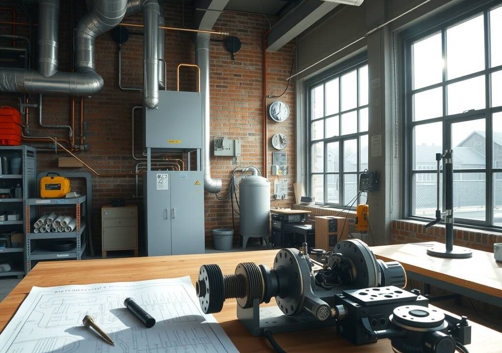 A photorealistic wide-angle shot of a modern German workshop interior, 16:9 aspect ratio. Sunlight streams through large industrial windows, illuminating a workbench with precision tools, a partially assembled mechatronic component, and a blueprint spread across the surface. In the background, a heating and sanitation system is mounted on a brick wall, with copper pipes and ductwork visible. A clean, organized space conveys expertise and craftsmanship. No people, no text, no faces.