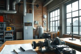 A photorealistic wide-angle shot of a modern German workshop interior, 16:9 aspect ratio. Sunlight streams through large industrial windows, illuminating a workbench with precision tools, a partially assembled mechatronic component, and a blueprint spread across the surface. In the background, a heating and sanitation system is mounted on a brick wall, with copper pipes and ductwork visible. A clean, organized space conveys expertise and craftsmanship. No people, no text, no faces.