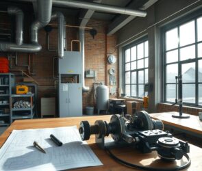 A photorealistic wide-angle shot of a modern German workshop interior, 16:9 aspect ratio. Sunlight streams through large industrial windows, illuminating a workbench with precision tools, a partially assembled mechatronic component, and a blueprint spread across the surface. In the background, a heating and sanitation system is mounted on a brick wall, with copper pipes and ductwork visible. A clean, organized space conveys expertise and craftsmanship. No people, no text, no faces.