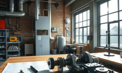A photorealistic wide-angle shot of a modern German workshop interior, 16:9 aspect ratio. Sunlight streams through large industrial windows, illuminating a workbench with precision tools, a partially assembled mechatronic component, and a blueprint spread across the surface. In the background, a heating and sanitation system is mounted on a brick wall, with copper pipes and ductwork visible. A clean, organized space conveys expertise and craftsmanship. No people, no text, no faces.