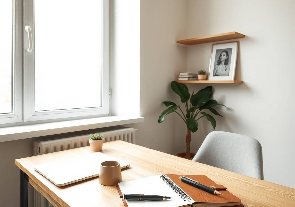 A wide-angle photograph of a bright, minimalist home office corner in a contemporary German apartment. Soft, overcast daylight filters through a large, unadorned window, casting gentle, even shadows across a clean wooden desk. On the desk, a slim laptop is closed, a single ceramic coffee cup rests beside a small potted succulent, and a leather-bound notebook lies open with a fountain pen placed neatly across the page. A mid-century modern office chair, upholstered in light gray fabric, is slightly pushed back. In the background, a wall-mounted shelf holds a few curated books and a framed black-and-white print. The palette is muted—warm beige, pale oak, soft charcoal, and muted sage. The composition is balanced