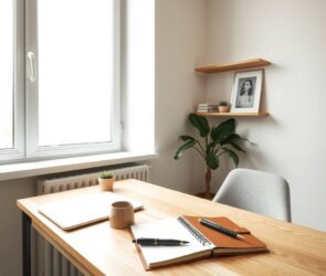 A wide-angle photograph of a bright, minimalist home office corner in a contemporary German apartment. Soft, overcast daylight filters through a large, unadorned window, casting gentle, even shadows across a clean wooden desk. On the desk, a slim laptop is closed, a single ceramic coffee cup rests beside a small potted succulent, and a leather-bound notebook lies open with a fountain pen placed neatly across the page. A mid-century modern office chair, upholstered in light gray fabric, is slightly pushed back. In the background, a wall-mounted shelf holds a few curated books and a framed black-and-white print. The palette is muted—warm beige, pale oak, soft charcoal, and muted sage. The composition is balanced