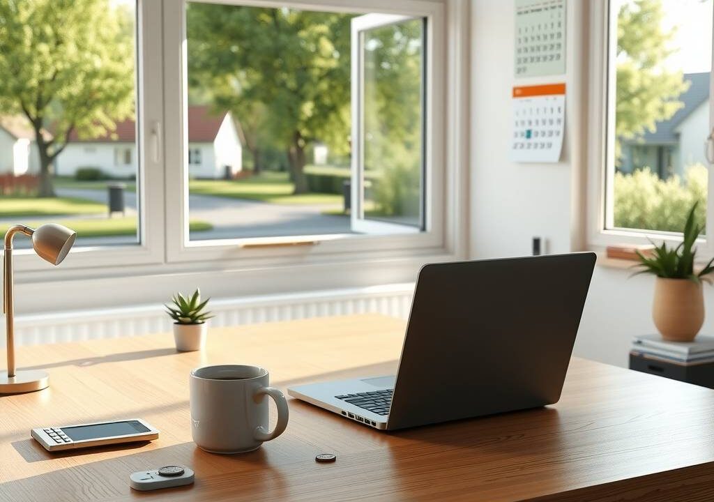A photorealistic wide shot of a modern home office in a bright, sunlit room in Germany, featuring a sleek wooden desk with a laptop, a steaming coffee mug, and a small succulent plant. In the background, large windows open to a view of a quiet suburban street with leafy trees, indicating a peaceful work-from-home environment. On the desk, a subtle calculator and a few loose coins symbolize tax deductions, while a calendar on the wall shows the year 2026. The scene is clean, organized, and professional, with soft natural lighting and no people or faces visible. Aspect ratio 16:9.