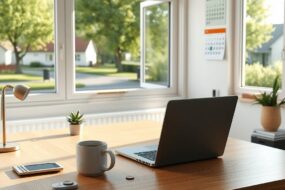 A photorealistic wide shot of a modern home office in a bright, sunlit room in Germany, featuring a sleek wooden desk with a laptop, a steaming coffee mug, and a small succulent plant. In the background, large windows open to a view of a quiet suburban street with leafy trees, indicating a peaceful work-from-home environment. On the desk, a subtle calculator and a few loose coins symbolize tax deductions, while a calendar on the wall shows the year 2026. The scene is clean, organized, and professional, with soft natural lighting and no people or faces visible. Aspect ratio 16:9.