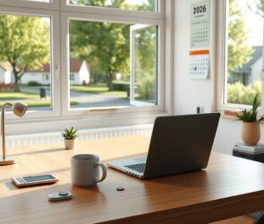 A photorealistic wide shot of a modern home office in a bright, sunlit room in Germany, featuring a sleek wooden desk with a laptop, a steaming coffee mug, and a small succulent plant. In the background, large windows open to a view of a quiet suburban street with leafy trees, indicating a peaceful work-from-home environment. On the desk, a subtle calculator and a few loose coins symbolize tax deductions, while a calendar on the wall shows the year 2026. The scene is clean, organized, and professional, with soft natural lighting and no people or faces visible. Aspect ratio 16:9.