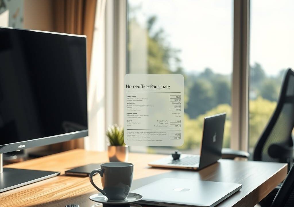 A modern, high-end home office in Germany, 2026. Natural daylight floods a sleek wooden desk through a large, minimalist window overlooking a green suburban or urban landscape. On the desk: a widescreen monitor, a high-end laptop, a steaming coffee cup, and a small plant. A futuristic, transparent digital tax form or "Homeoffice-Pauschale" document is faintly visible as a holographic overlay on the desk surface. In the background, a blurred bookshelf and ergonomic chair. The atmosphere is productive, serene, and technologically advanced. Photorealistic, 16:9, no text, no faces.