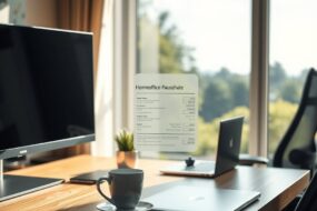 A modern, high-end home office in Germany, 2026. Natural daylight floods a sleek wooden desk through a large, minimalist window overlooking a green suburban or urban landscape. On the desk: a widescreen monitor, a high-end laptop, a steaming coffee cup, and a small plant. A futuristic, transparent digital tax form or "Homeoffice-Pauschale" document is faintly visible as a holographic overlay on the desk surface. In the background, a blurred bookshelf and ergonomic chair. The atmosphere is productive, serene, and technologically advanced. Photorealistic, 16:9, no text, no faces.