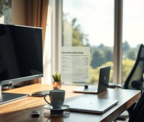 A modern, high-end home office in Germany, 2026. Natural daylight floods a sleek wooden desk through a large, minimalist window overlooking a green suburban or urban landscape. On the desk: a widescreen monitor, a high-end laptop, a steaming coffee cup, and a small plant. A futuristic, transparent digital tax form or "Homeoffice-Pauschale" document is faintly visible as a holographic overlay on the desk surface. In the background, a blurred bookshelf and ergonomic chair. The atmosphere is productive, serene, and technologically advanced. Photorealistic, 16:9, no text, no faces.