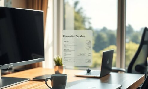 A modern, high-end home office in Germany, 2026. Natural daylight floods a sleek wooden desk through a large, minimalist window overlooking a green suburban or urban landscape. On the desk: a widescreen monitor, a high-end laptop, a steaming coffee cup, and a small plant. A futuristic, transparent digital tax form or "Homeoffice-Pauschale" document is faintly visible as a holographic overlay on the desk surface. In the background, a blurred bookshelf and ergonomic chair. The atmosphere is productive, serene, and technologically advanced. Photorealistic, 16:9, no text, no faces.