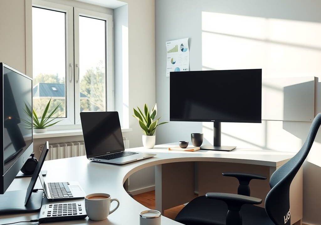 A sleek, modern home office setup in a bright, airy room in Germany, 2026. A clean desk with a high-end laptop, a second monitor, and a steaming coffee cup. Sunlight streams through a large window overlooking a quiet, green neighborhood. On the desk, a small calculator and a subtle document with a "1.260 €" tax note are visible, but no text is legible. The space is minimalist, with a plant, a comfortable ergonomic chair, and a whiteboard with abstract workflow diagrams. The atmosphere is professional, organized, and calm, embodying productivity and work-life balance. Photorealistic, 16:9 aspect ratio, no people, no faces, no text.