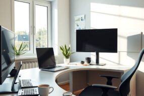 A sleek, modern home office setup in a bright, airy room in Germany, 2026. A clean desk with a high-end laptop, a second monitor, and a steaming coffee cup. Sunlight streams through a large window overlooking a quiet, green neighborhood. On the desk, a small calculator and a subtle document with a "1.260 €" tax note are visible, but no text is legible. The space is minimalist, with a plant, a comfortable ergonomic chair, and a whiteboard with abstract workflow diagrams. The atmosphere is professional, organized, and calm, embodying productivity and work-life balance. Photorealistic, 16:9 aspect ratio, no people, no faces, no text.