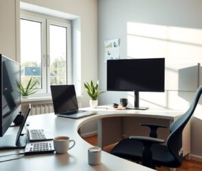 A sleek, modern home office setup in a bright, airy room in Germany, 2026. A clean desk with a high-end laptop, a second monitor, and a steaming coffee cup. Sunlight streams through a large window overlooking a quiet, green neighborhood. On the desk, a small calculator and a subtle document with a "1.260 €" tax note are visible, but no text is legible. The space is minimalist, with a plant, a comfortable ergonomic chair, and a whiteboard with abstract workflow diagrams. The atmosphere is professional, organized, and calm, embodying productivity and work-life balance. Photorealistic, 16:9 aspect ratio, no people, no faces, no text.
