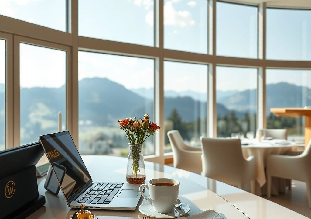 A photorealistic 16:9 wide shot of a modern hotel reception desk in a bright, airy lobby with large windows overlooking a scenic German alpine landscape. A neatly arranged laptop and a steaming cup of coffee sit on the polished counter, with a gold-plated bell and a small vase of fresh wildflowers nearby. In the background, a well-set restaurant table with white linen, polished silverware, and a lit candle awaits guests. The scene conveys professionalism, warmth, and opportunity, with soft natural light streaming in and no people or text visible.