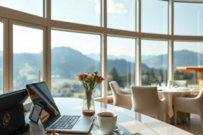 A photorealistic 16:9 wide shot of a modern hotel reception desk in a bright, airy lobby with large windows overlooking a scenic German alpine landscape. A neatly arranged laptop and a steaming cup of coffee sit on the polished counter, with a gold-plated bell and a small vase of fresh wildflowers nearby. In the background, a well-set restaurant table with white linen, polished silverware, and a lit candle awaits guests. The scene conveys professionalism, warmth, and opportunity, with soft natural light streaming in and no people or text visible.