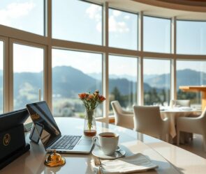 A photorealistic 16:9 wide shot of a modern hotel reception desk in a bright, airy lobby with large windows overlooking a scenic German alpine landscape. A neatly arranged laptop and a steaming cup of coffee sit on the polished counter, with a gold-plated bell and a small vase of fresh wildflowers nearby. In the background, a well-set restaurant table with white linen, polished silverware, and a lit candle awaits guests. The scene conveys professionalism, warmth, and opportunity, with soft natural light streaming in and no people or text visible.